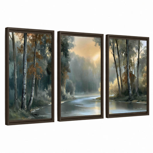 Misty river forest painting 3 piece framed canvas wall art set on a white background