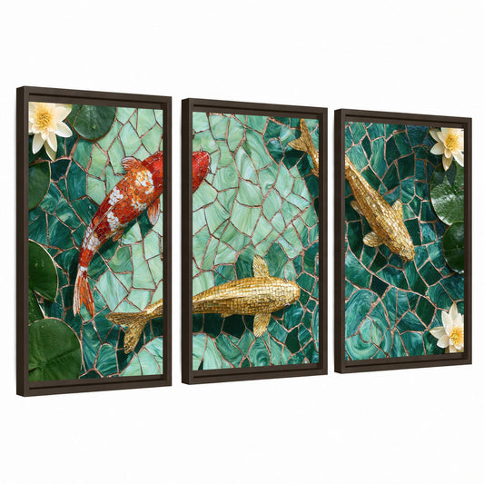 Koi fish mosaic 3 piece framed canvas wall art set on a white background