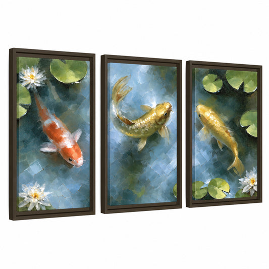 Koi fish pond painting 3 piece framed canvas wall art set on a white background