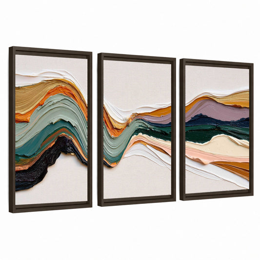 Textured abstract waves painting 3 piece framed canvas wall art set on a white background