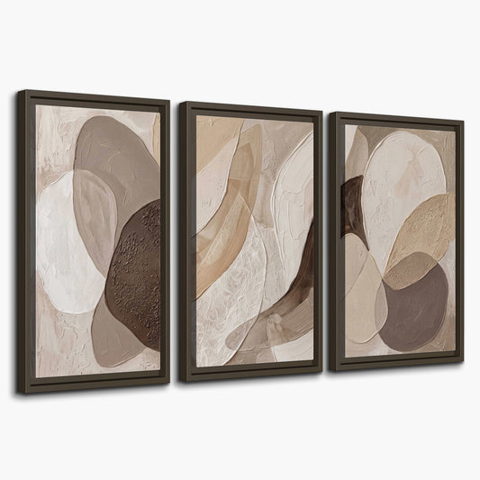 Layered organic shapes in taupe, cream and brown 3 piece framed canvas wall art on a white background