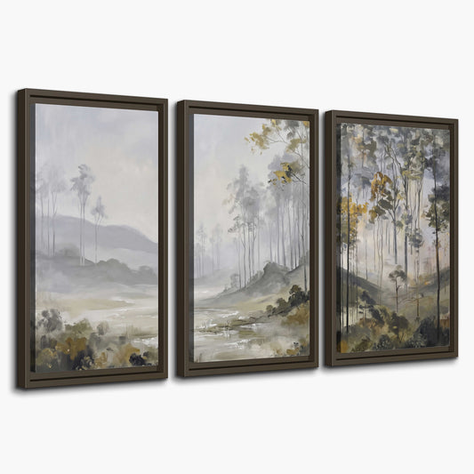 Misty woodland stream with gray trees, muted olive foliage and distant hazy hills 3 piece framed canvas wall art on a white background