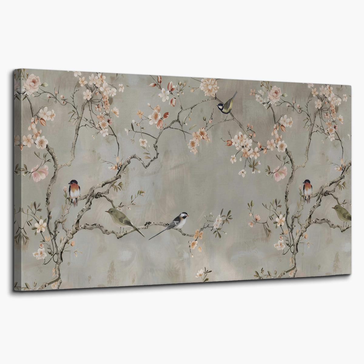 Small songbirds among pink and cream blossoms, green leaves and delicate branches on gray single canvas wall art on a white background