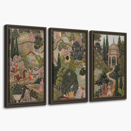 Ornamental garden scene with pavilions, people and animals 3 piece framed canvas wall art on a white background