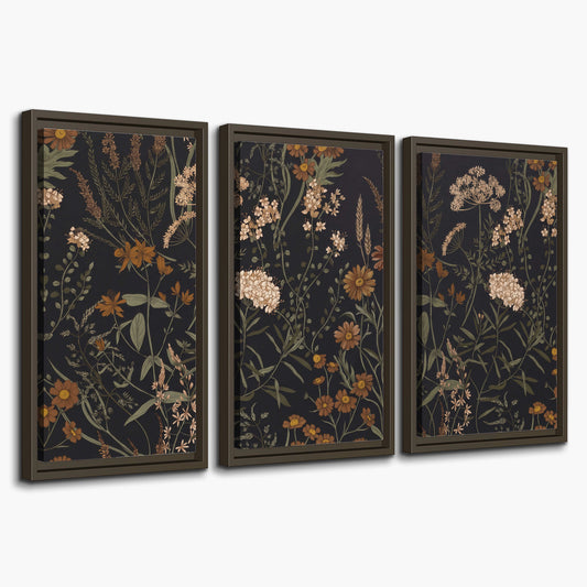 Small cream and rust flowers on a dark botanical background 3 piece framed canvas wall art on a white background