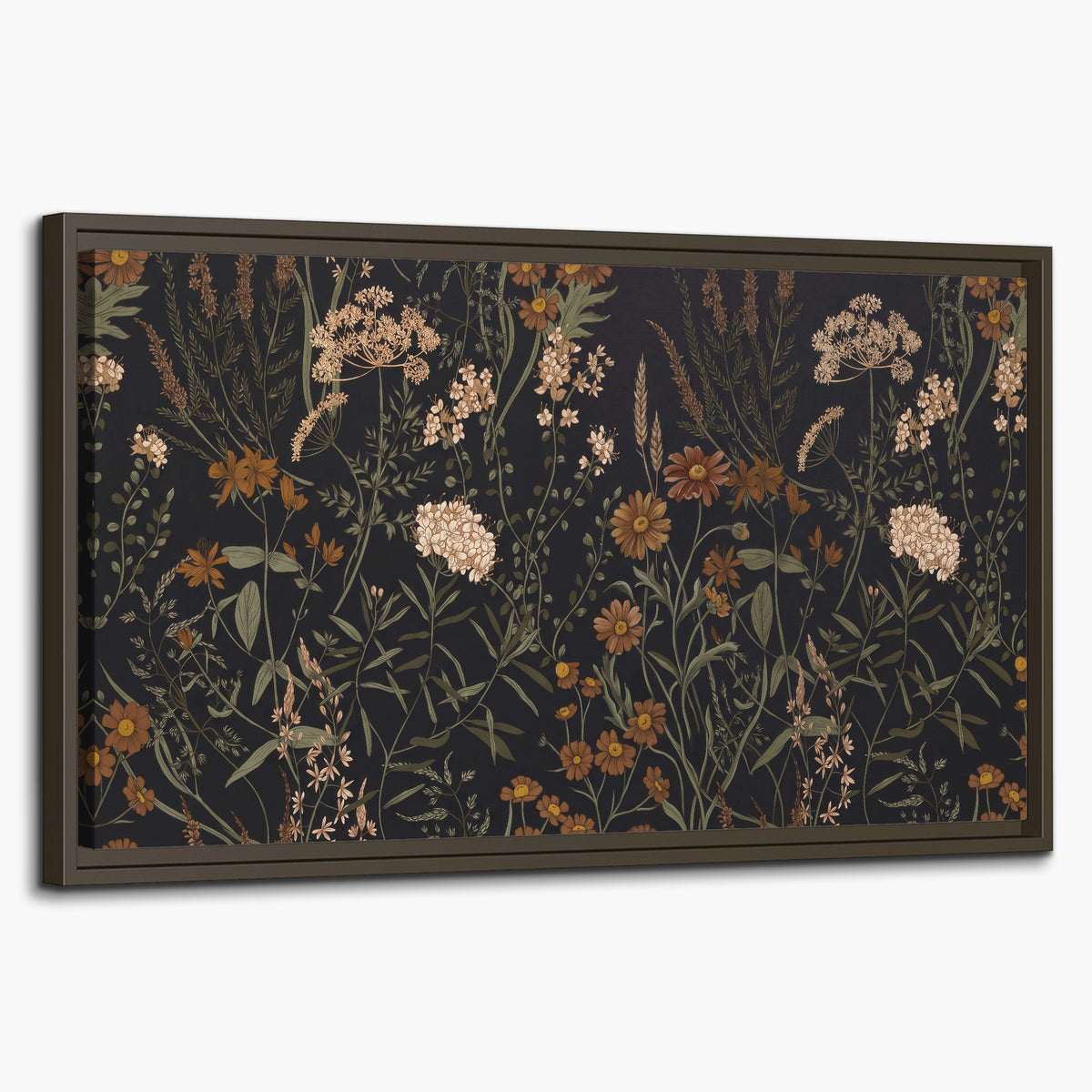 Small cream and rust flowers on a dark botanical background single framed canvas wall art on a white background