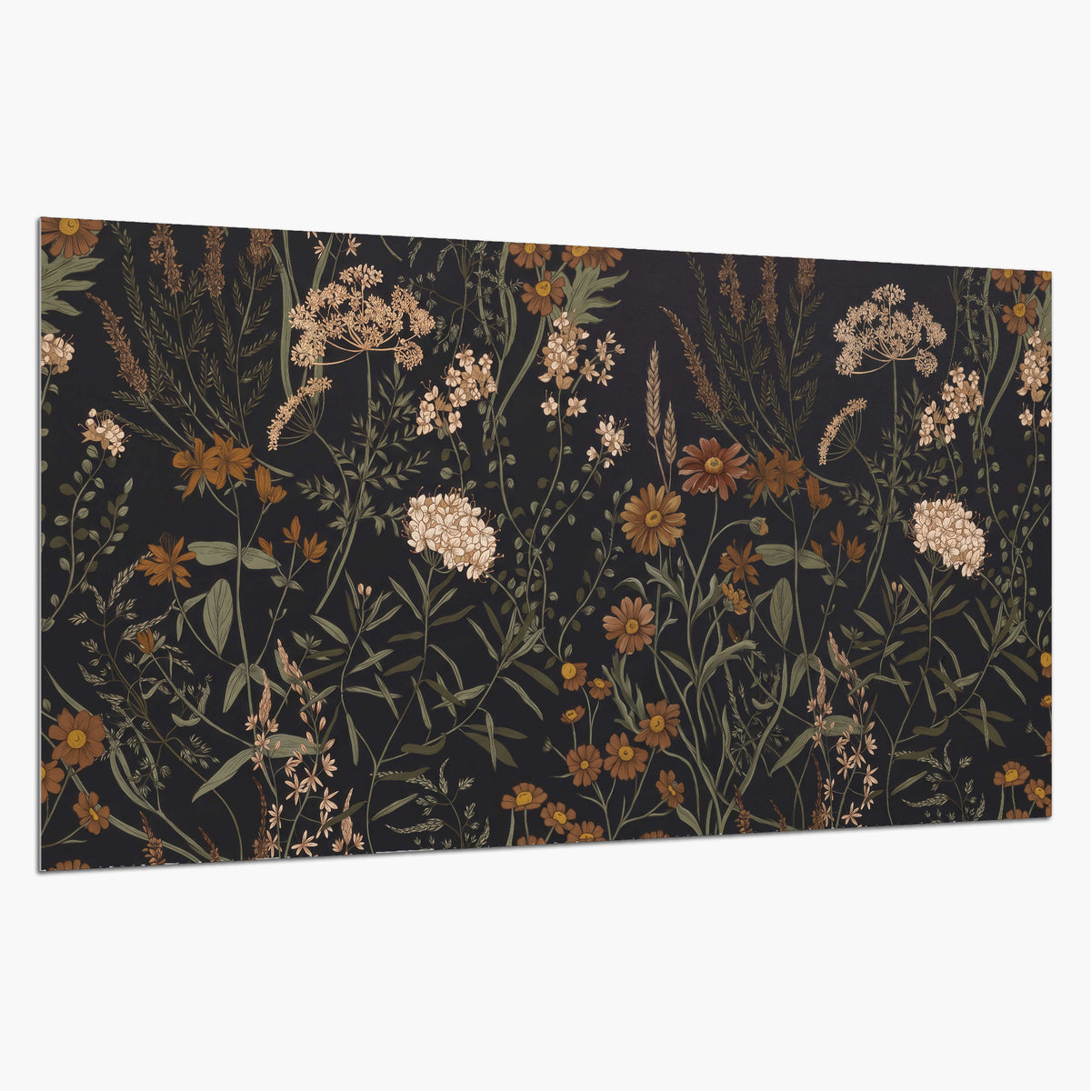 Small cream and rust flowers on a dark botanical background single poster print on a white background