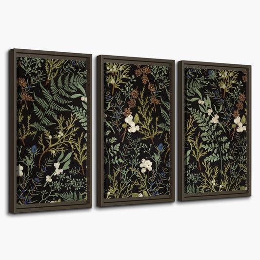Fine green ferns and cream flowers on a black background 3 piece framed canvas wall art on a white background