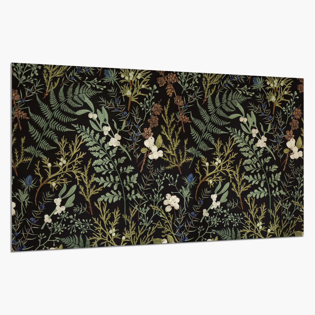 Fine green ferns and cream flowers on a black background single poster print on a white background