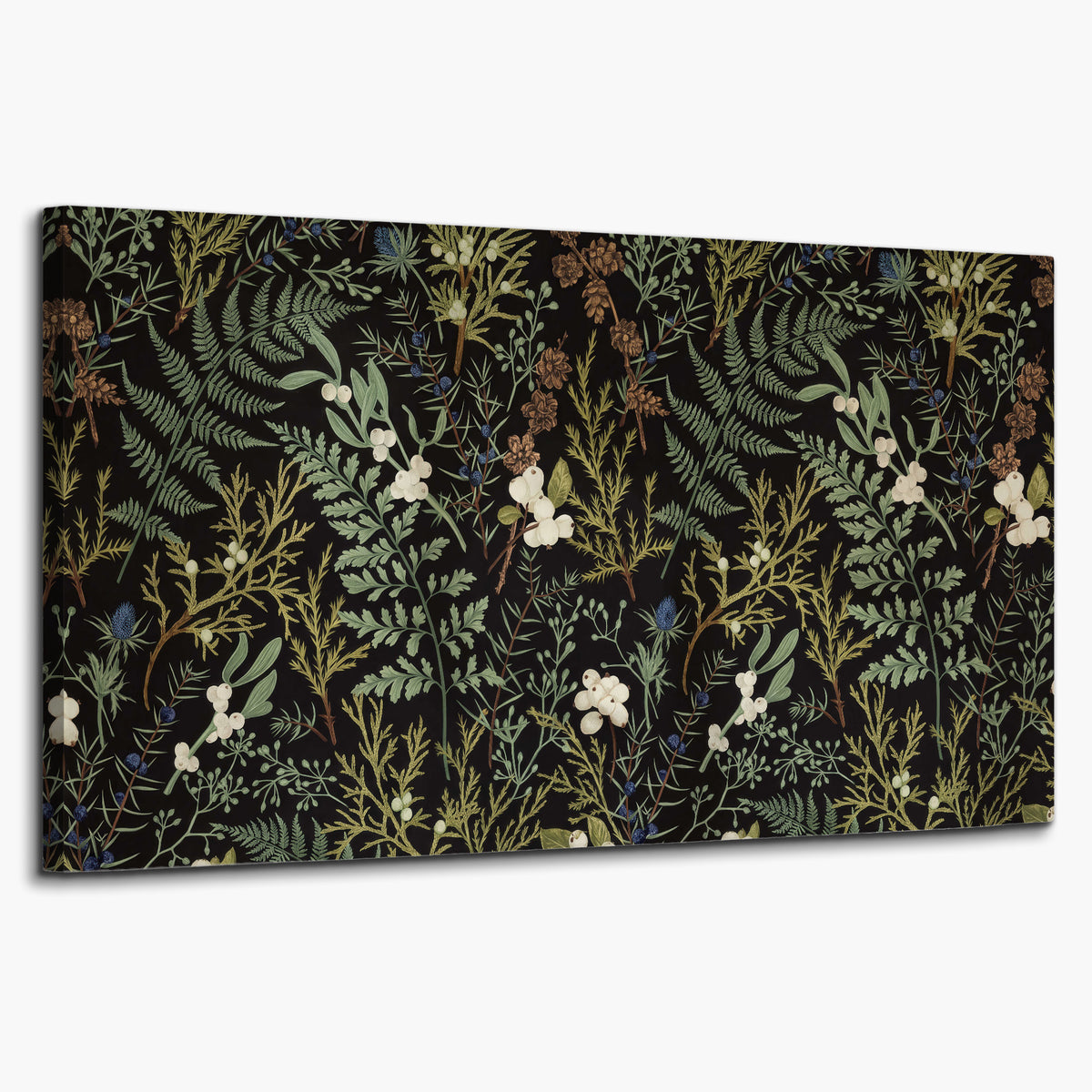 Fine green ferns and cream flowers on a black background single canvas wall art on a white background