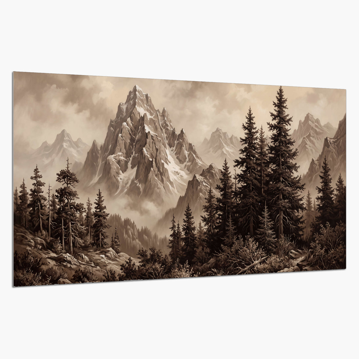 Dramatic mountain peaks framed by evergreen trees single poster print on a white background