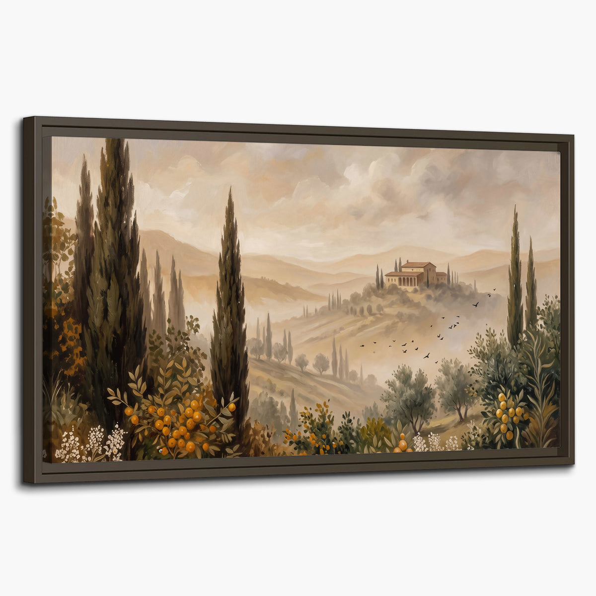 Cypress trees, distant villas and warm rolling hills single framed canvas wall art on a white background