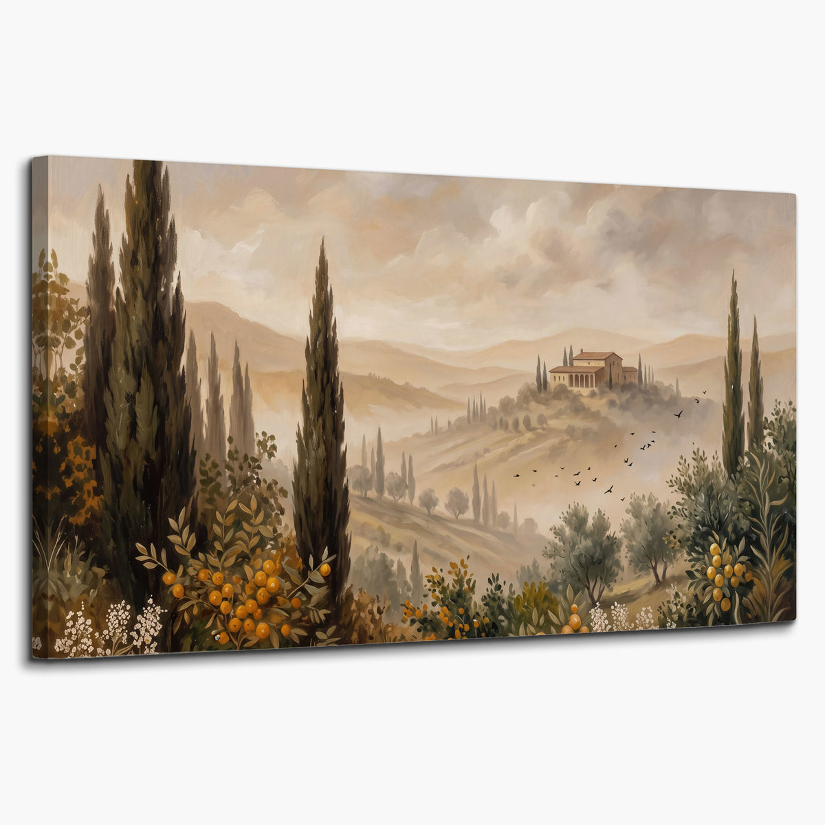 Cypress trees, distant villas and warm rolling hills single canvas wall art on a white background