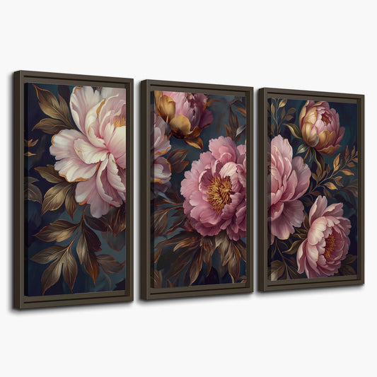 Large pink and cream peonies against deep blue foliage 3 piece framed canvas wall art on a white background