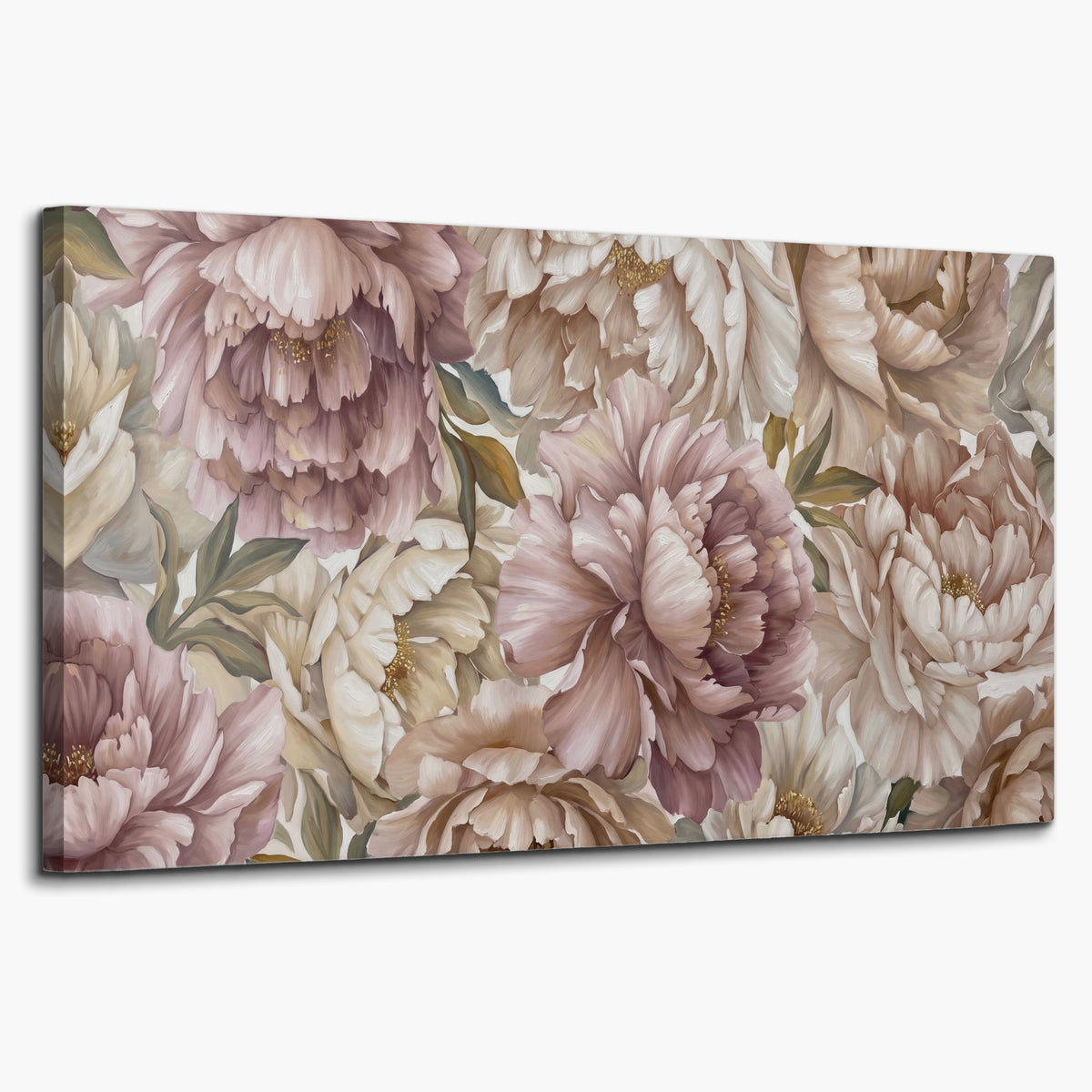 Layered soft pink and ivory flowers with sage leaves single canvas wall art on a white background