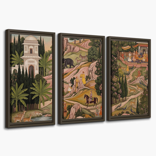 Decorative palace gardens with riders, trees and pavilions 3 piece framed canvas wall art on a white background