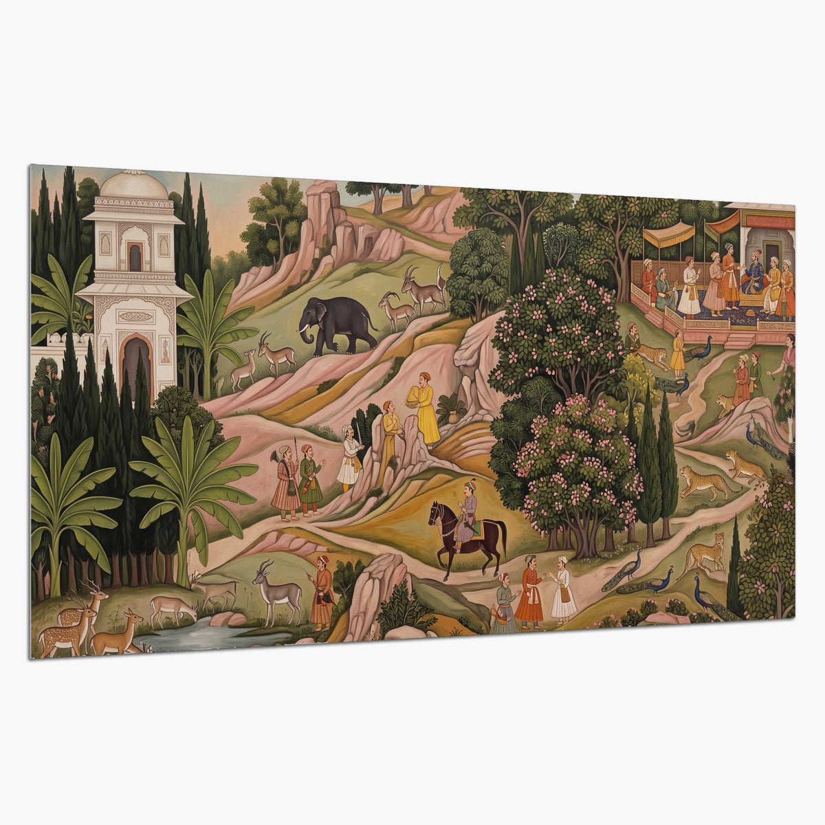 Decorative palace gardens with riders, trees and pavilions single poster print on a white background