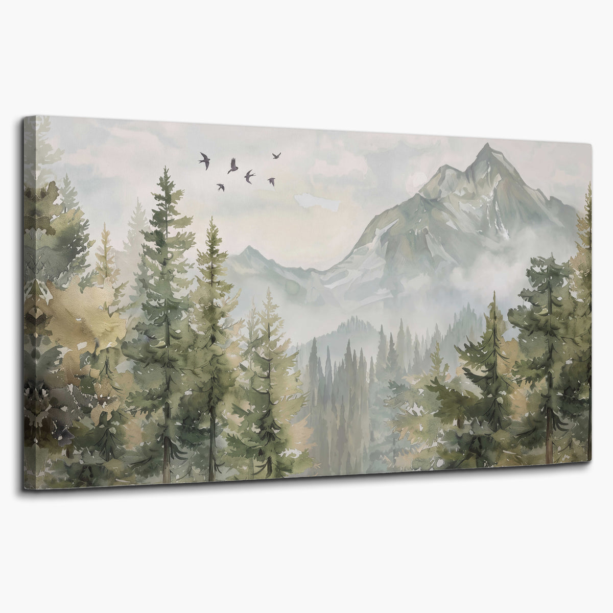 Soft green mountain peaks and evergreen trees beneath birds single canvas wall art on a white background
