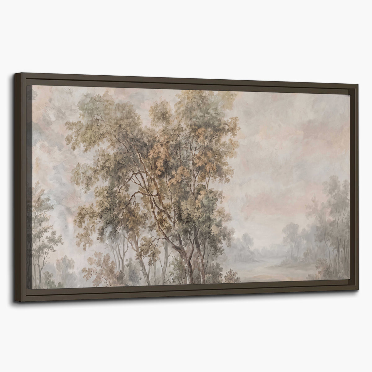 Delicate golden foliage and a hazy pastel countryside single framed canvas wall art on a white background