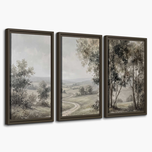 A quiet winding road through gray-green rolling hills 3 piece framed canvas wall art on a white background