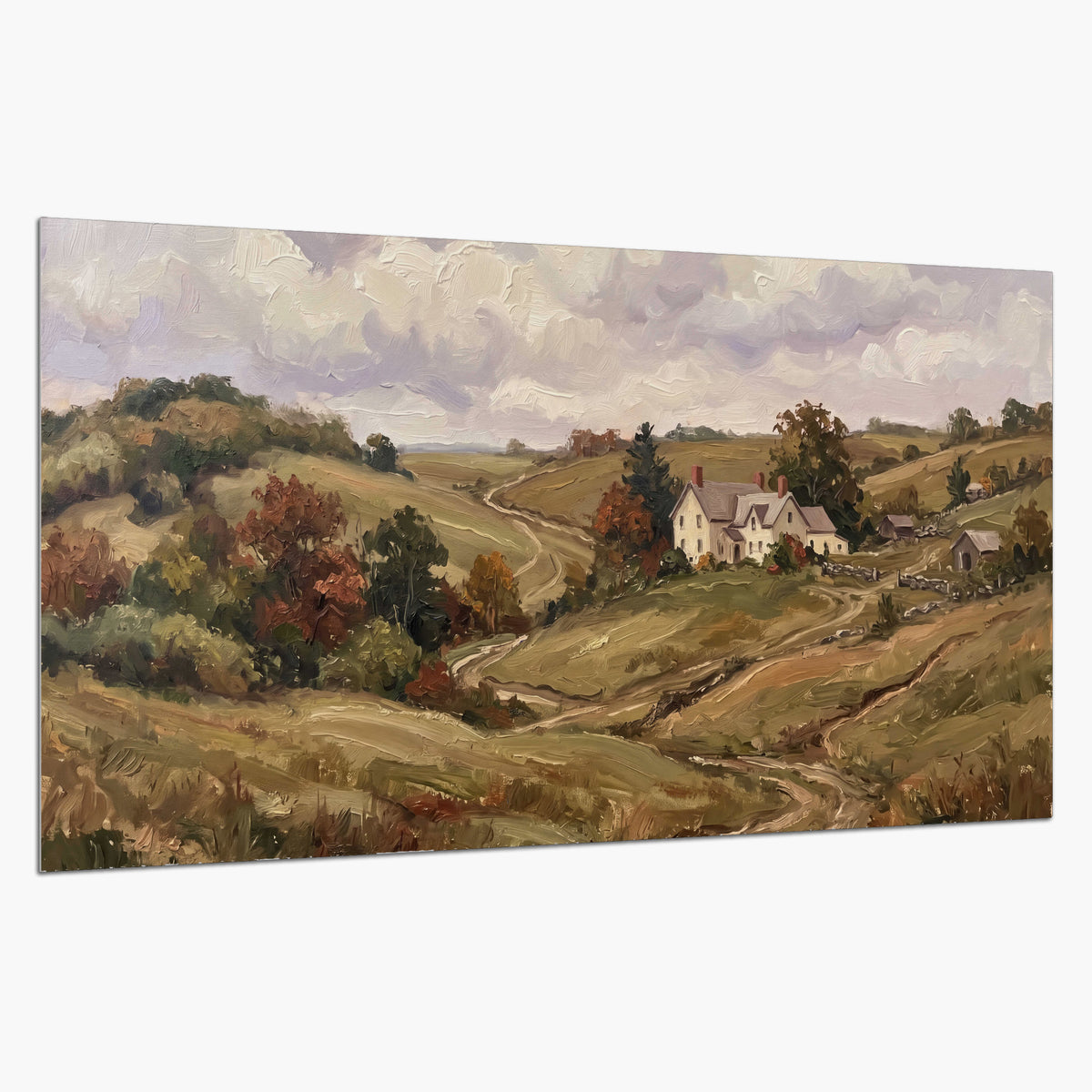 Warm rolling fields and countryside cottages beneath soft clouds single poster print on a white background