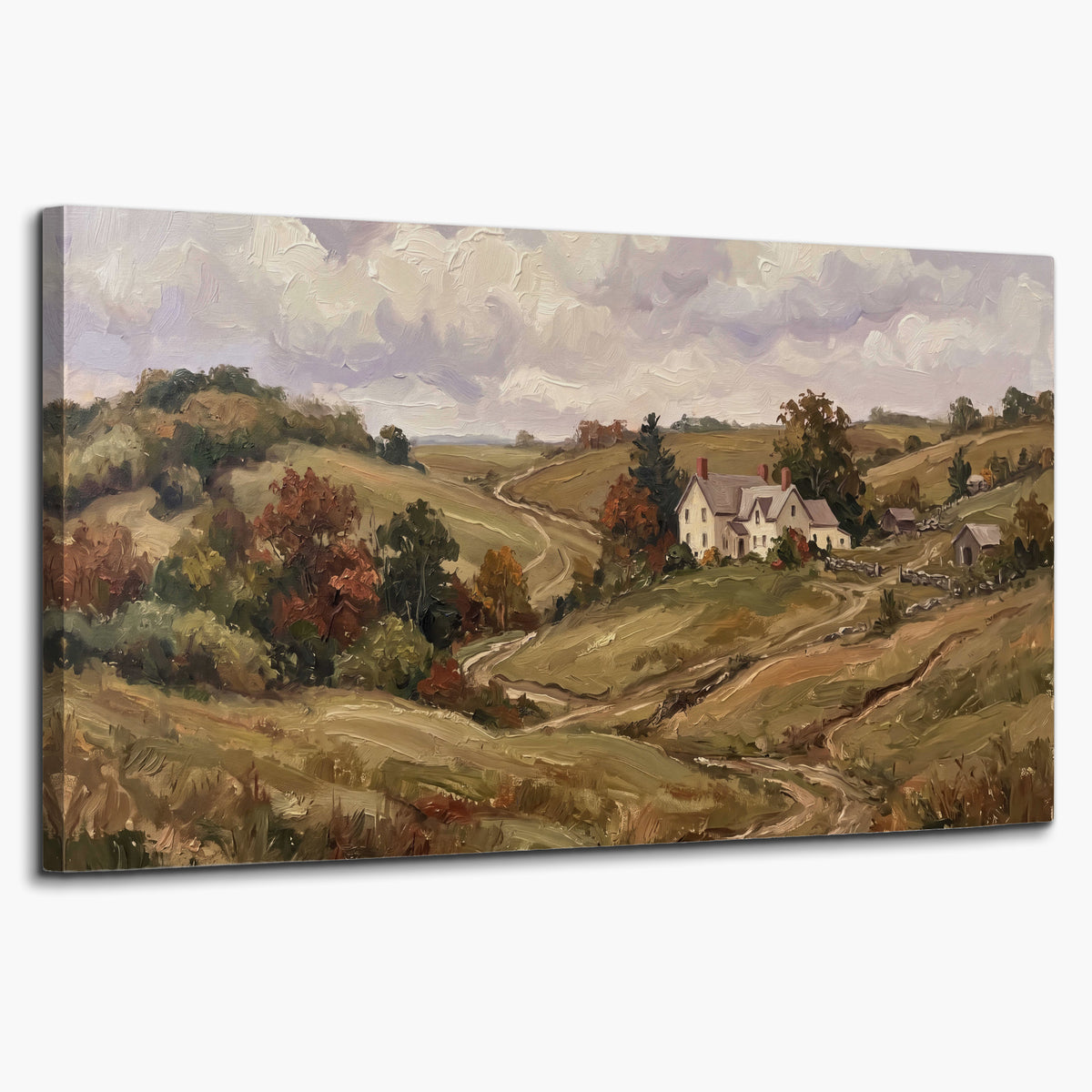 Warm rolling fields and countryside cottages beneath soft clouds single canvas wall art on a white background