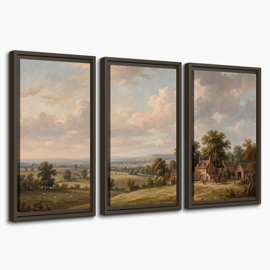 Small cottages overlooking fields beneath a luminous cloudy sky 3 piece framed canvas wall art on a white background