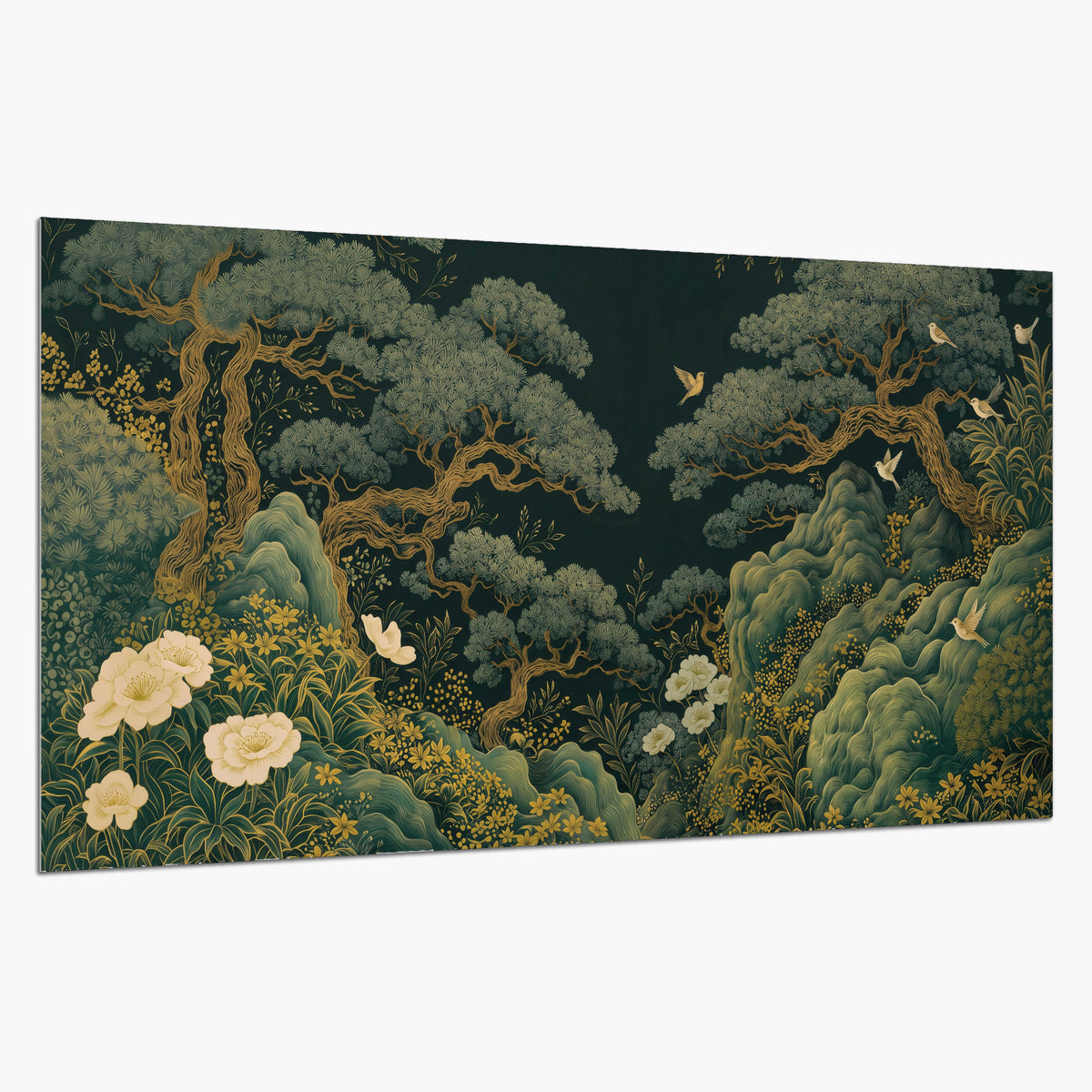 Decorative green trees, rocks, flowers and small birds single poster print on a white background