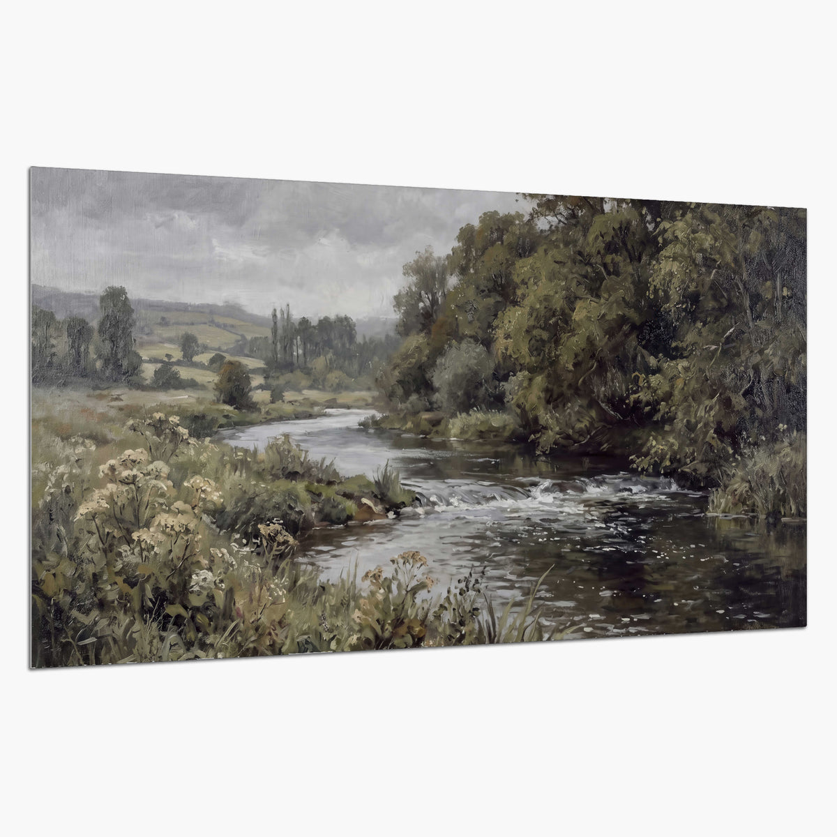A gently flowing river bordered by olive-green trees and flowers single poster print on a white background