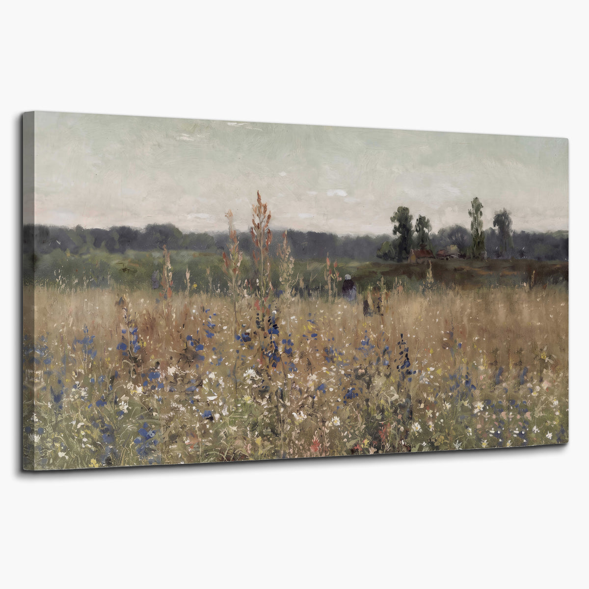 A loose painterly meadow with scattered blue and white wildflowers single canvas wall art on a white background