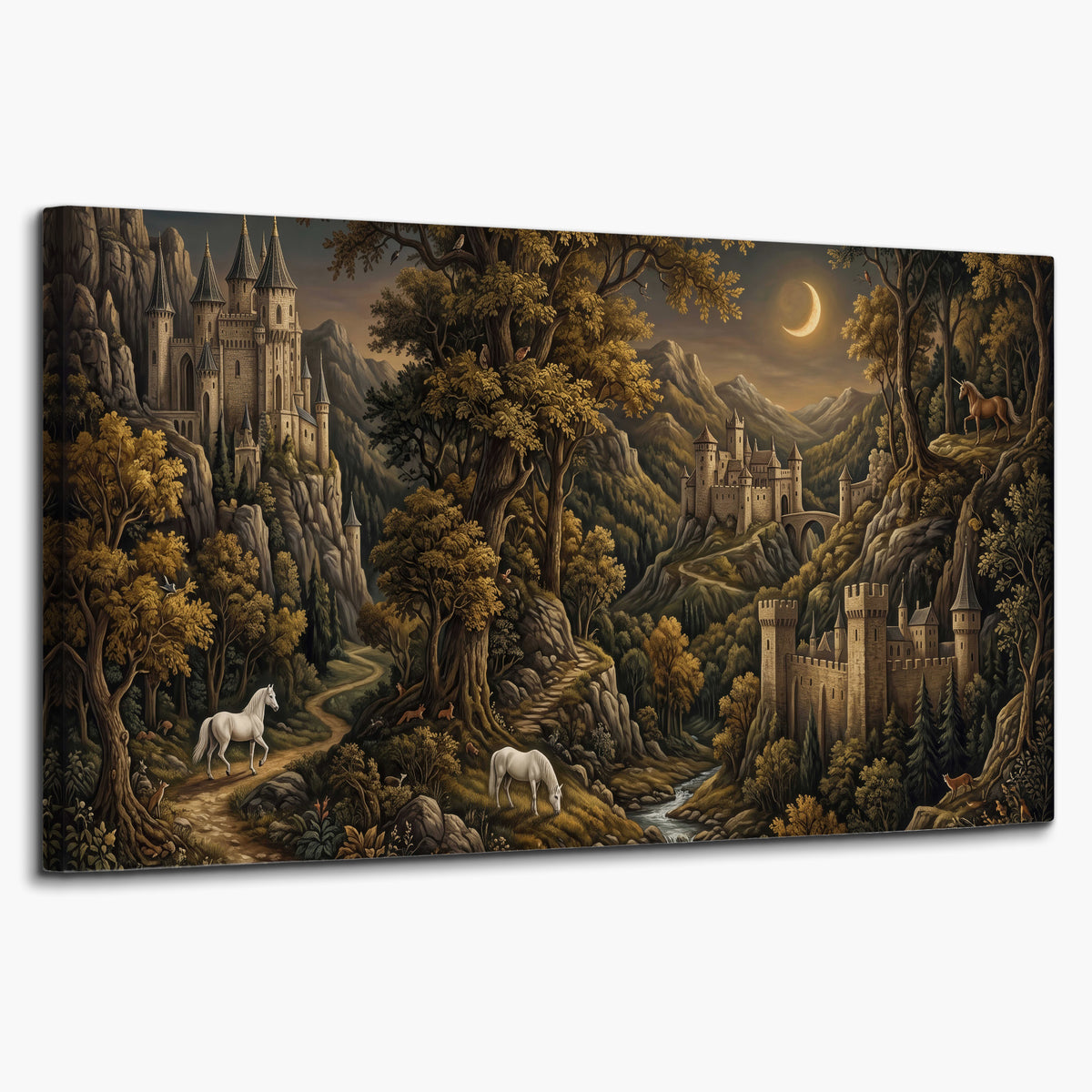 Fantasy castles, white horses and golden trees beneath a crescent moon single canvas wall art on a white background