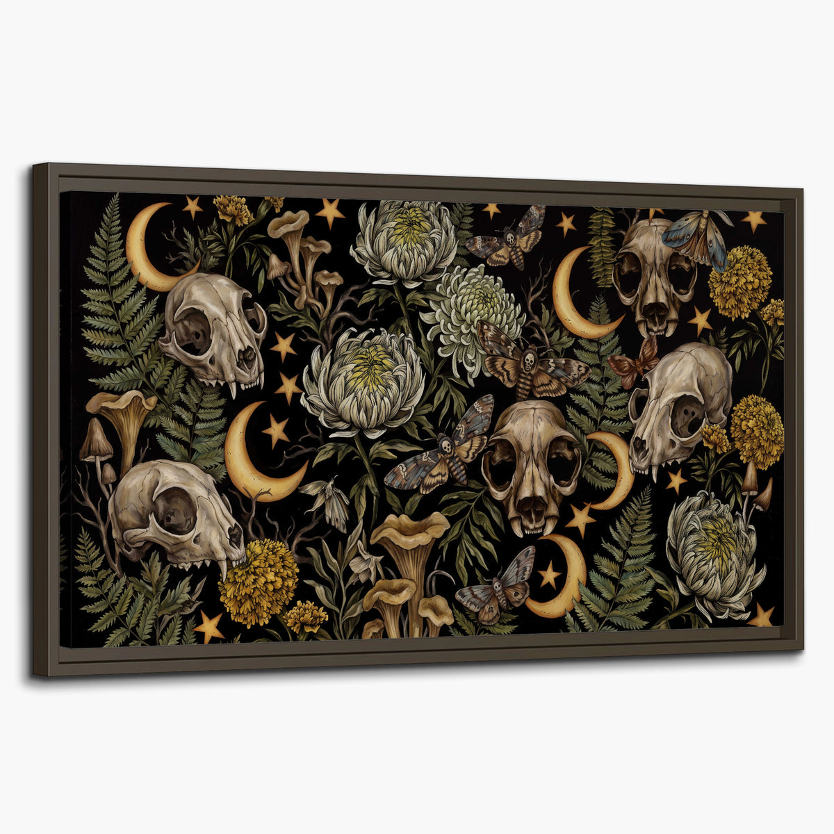 Decorative animal skulls, moons, stars, mushrooms and botanical leaves single framed canvas wall art on a white background