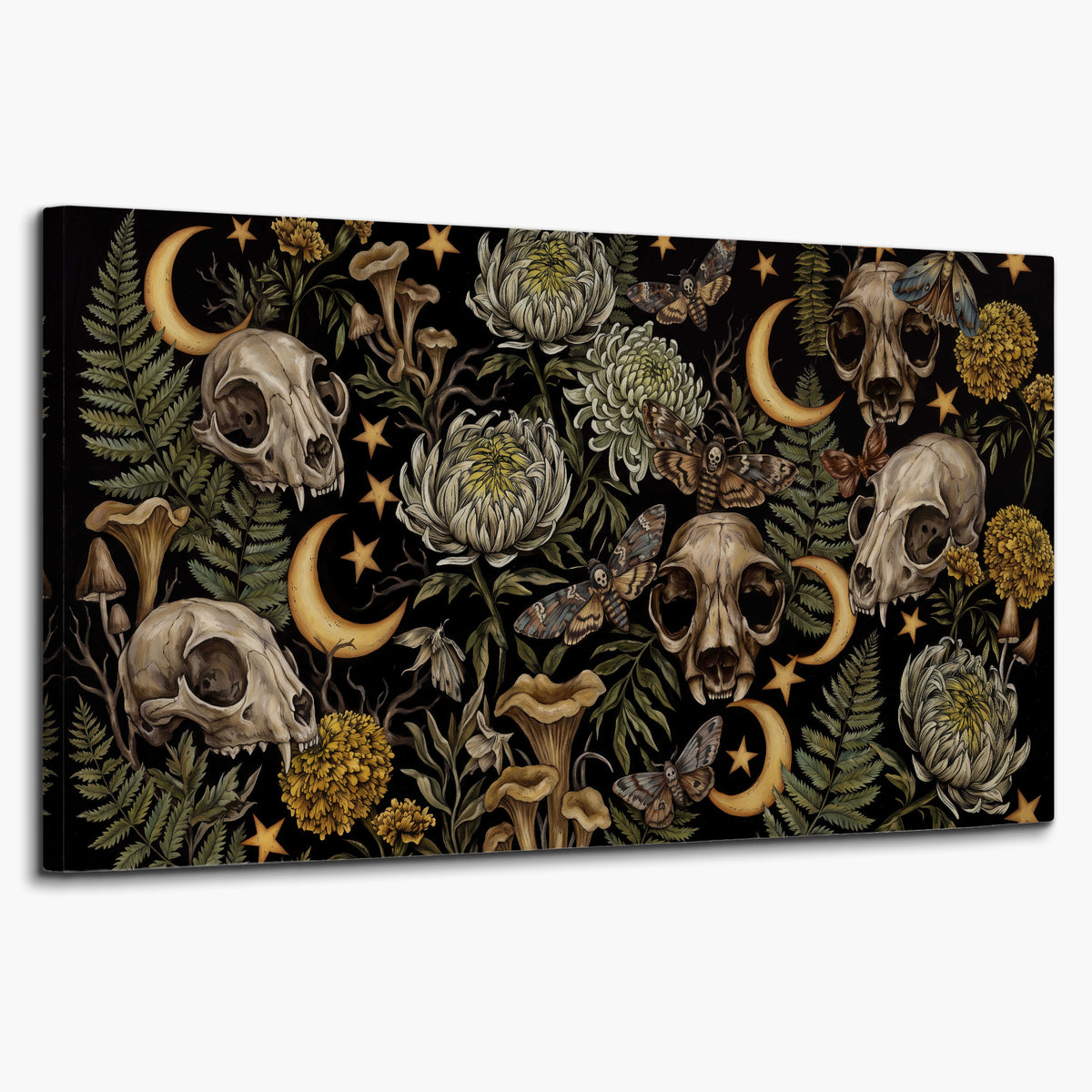 Decorative animal skulls, moons, stars, mushrooms and botanical leaves single canvas wall art on a white background
