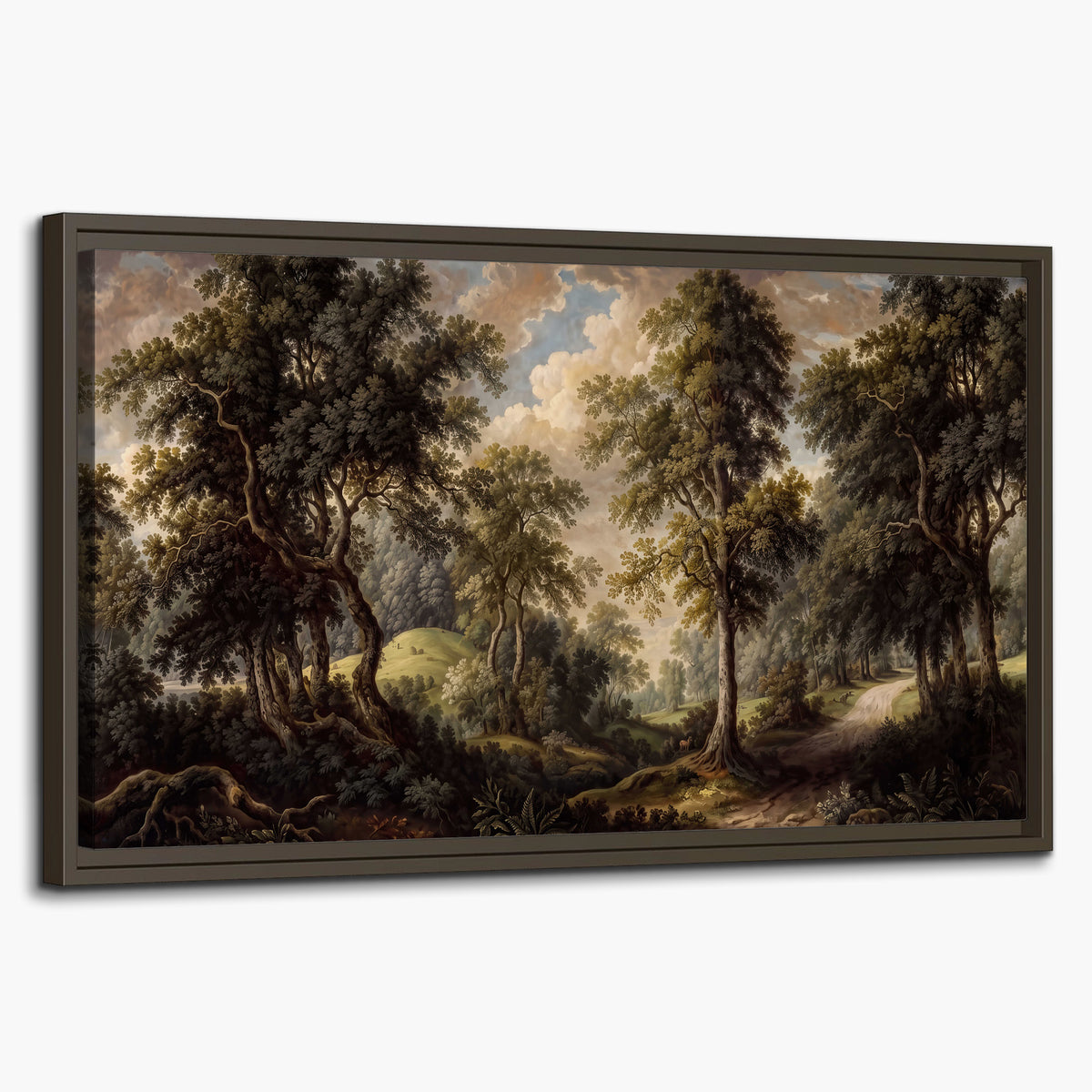 Old trees framing a softly lit woodland path single framed canvas wall art on a white background