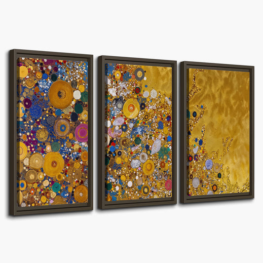 Colorful circular floral motifs against a rich gold-colored field 3 piece framed canvas wall art on a white background