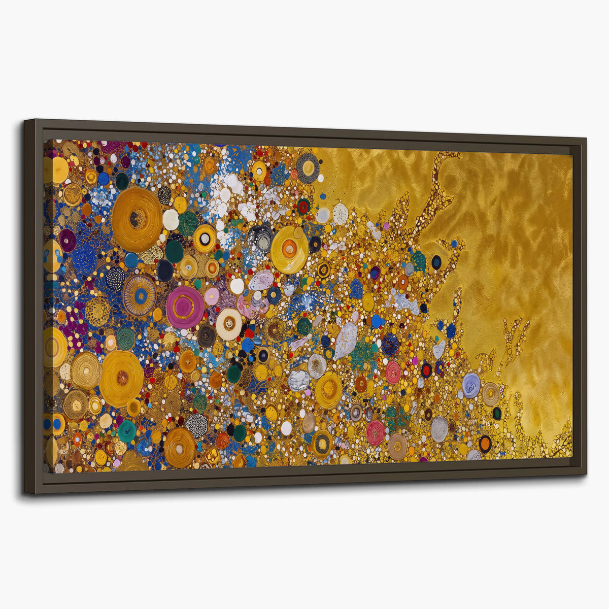 Colorful circular floral motifs against a rich gold-colored field single framed canvas wall art on a white background