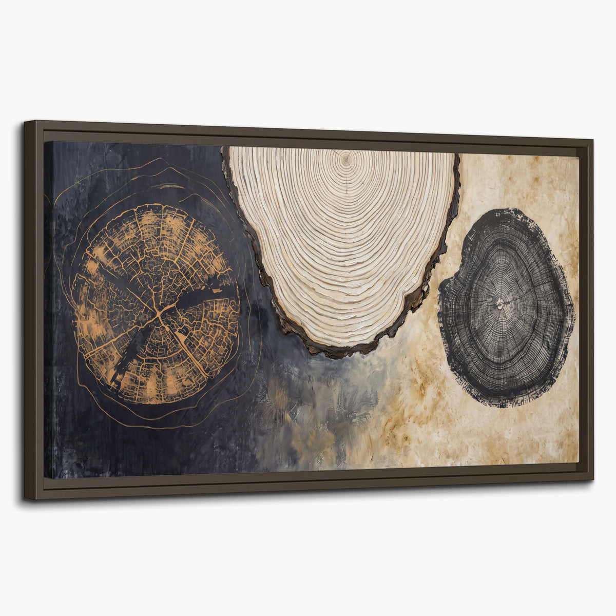 Circular tree-ring motifs in charcoal, cream and gold tones single framed canvas wall art on a white background