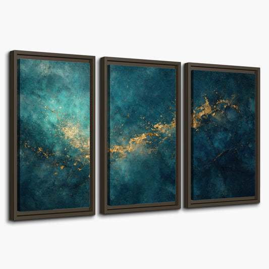 Deep teal clouds with sweeping gold-colored accents 3 piece framed canvas wall art on a white background