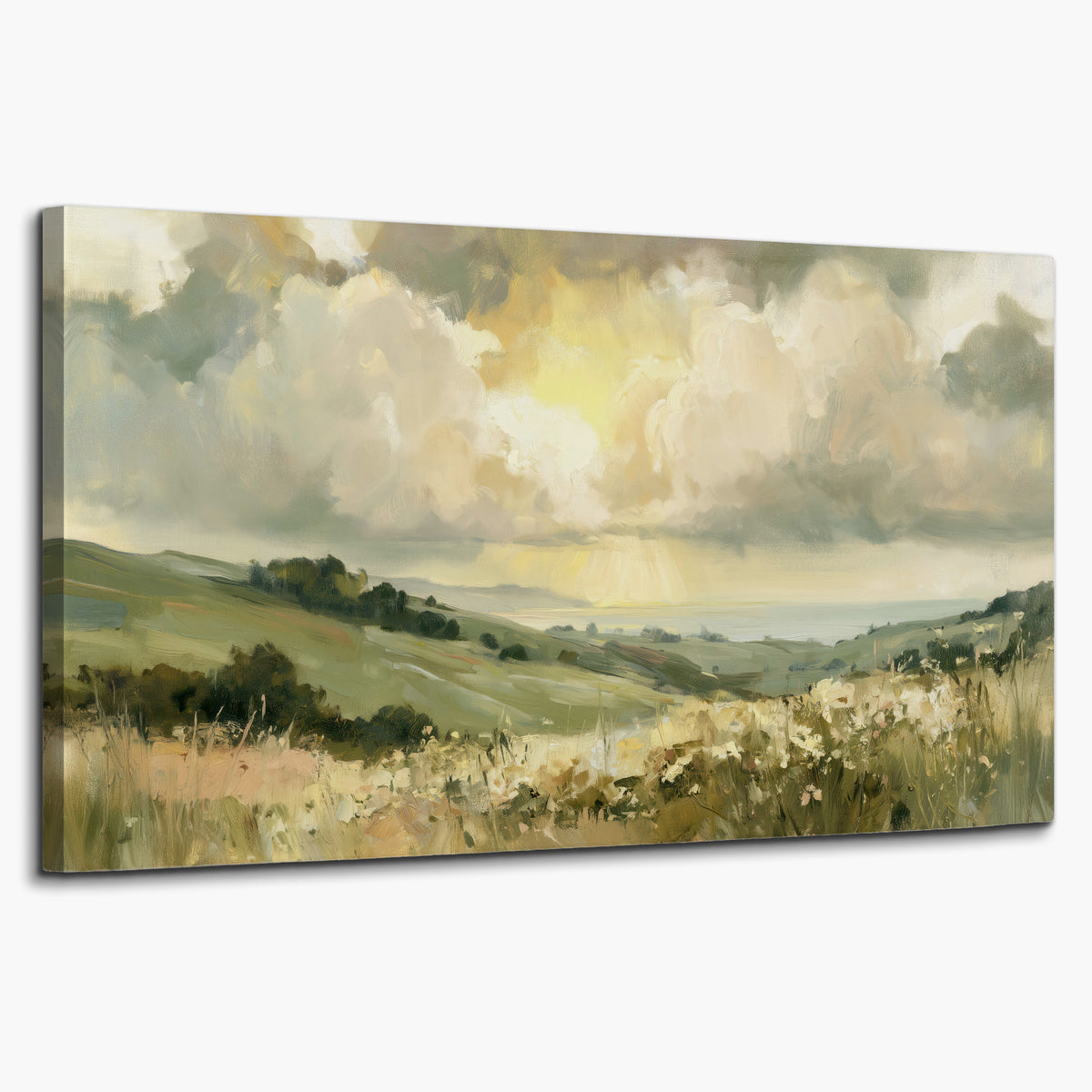 Rolling green hills beneath a luminous cloudy sky single canvas wall art on a white background