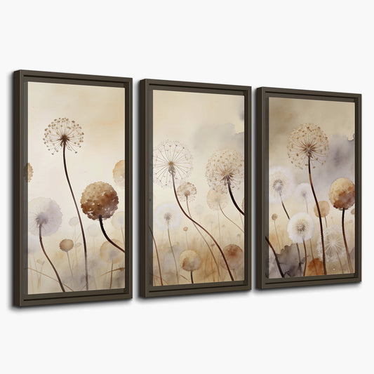 Delicate dandelion seed heads in warm misty light 3 piece framed canvas wall art on a white background