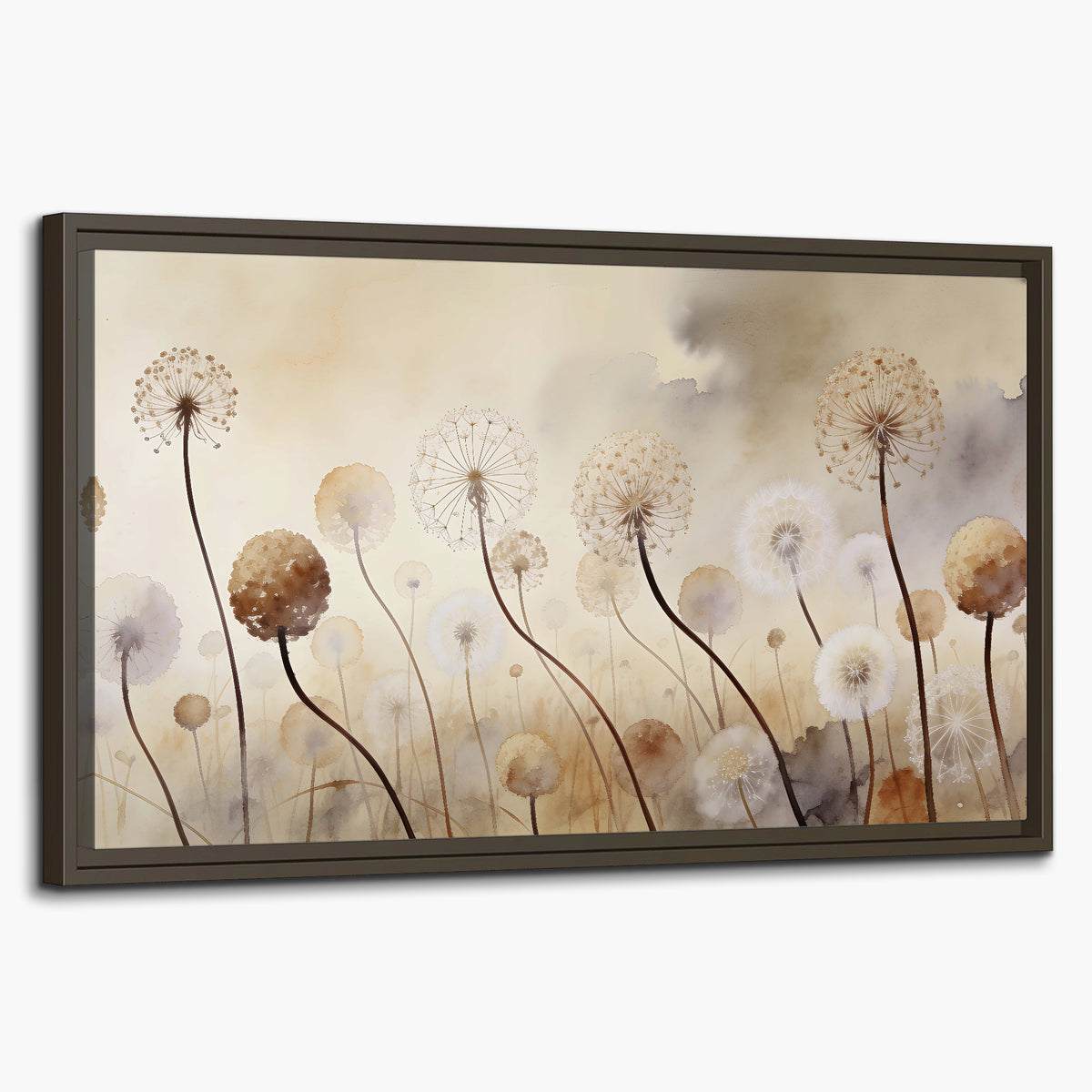 Delicate dandelion seed heads in warm misty light single framed canvas wall art on a white background