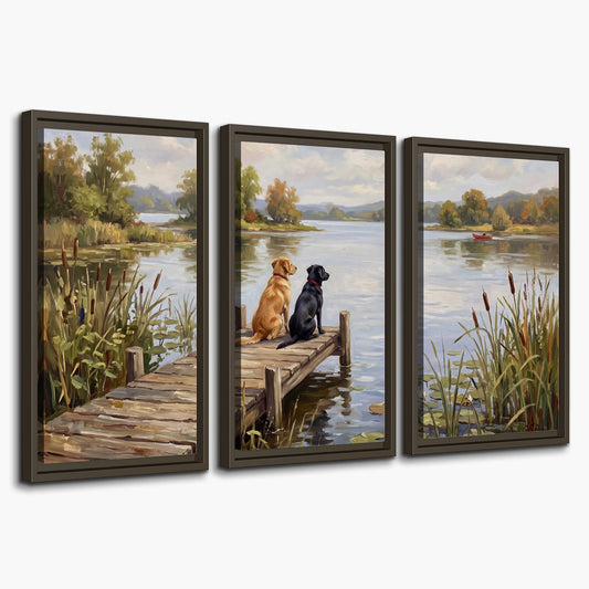 Two dogs sitting together on a wooden dock overlooking a peaceful lake 3 piece framed canvas wall art on a white background