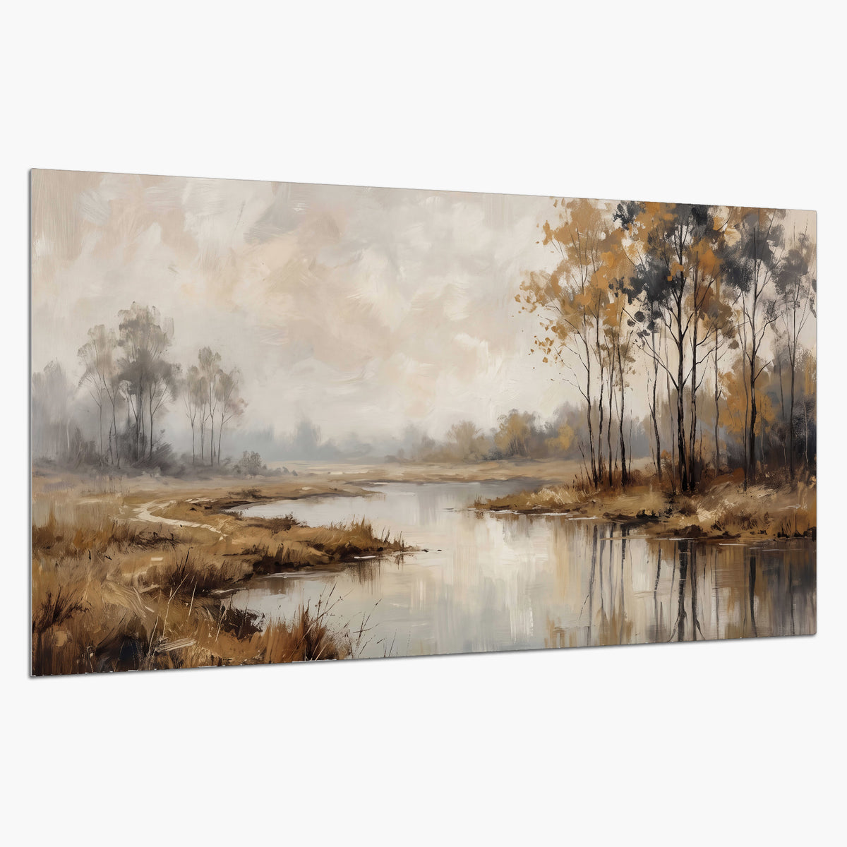 Warm autumn trees beside a quiet reflective river single poster print on a white background