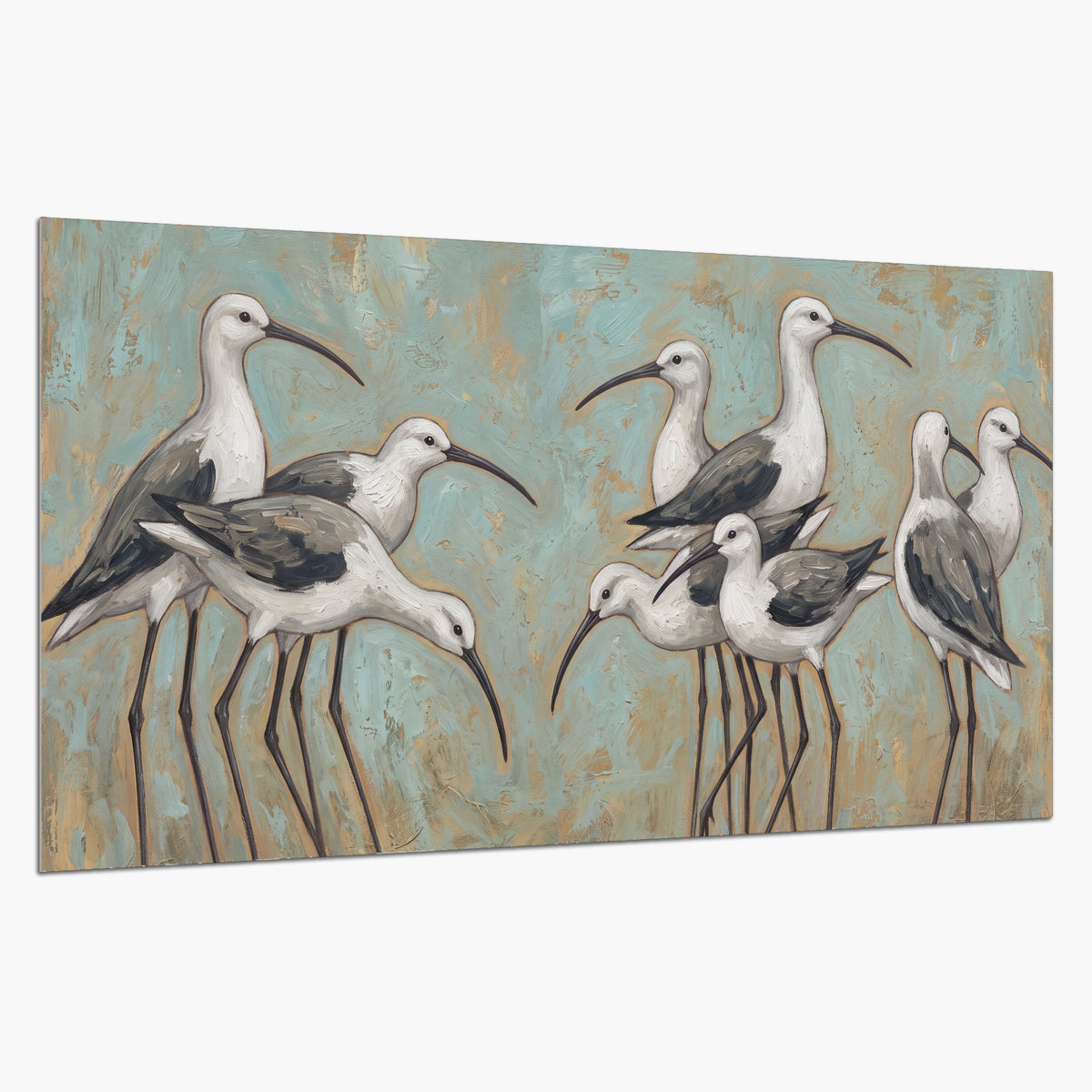 Long-legged white and gray wading birds against a muted aqua background single poster print on a white background