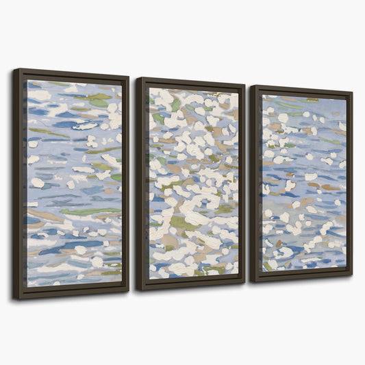 Loose pale blue, white and soft green marks suggesting shimmering water 3 piece framed canvas wall art on a white background