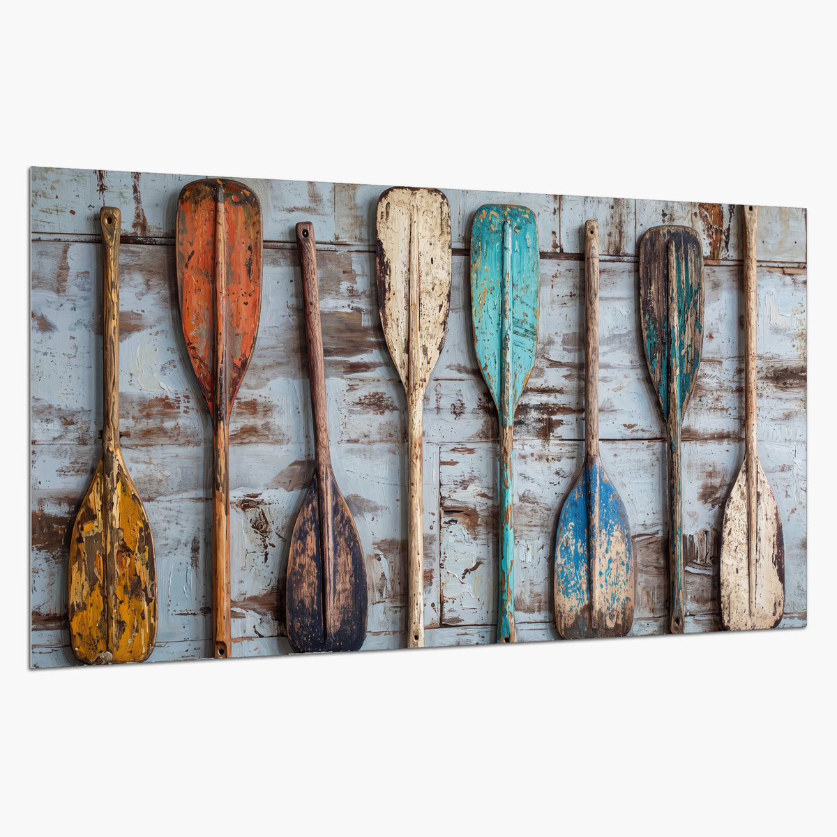 A row of colorful weathered wooden oars against pale blue boards single poster print on a white background
