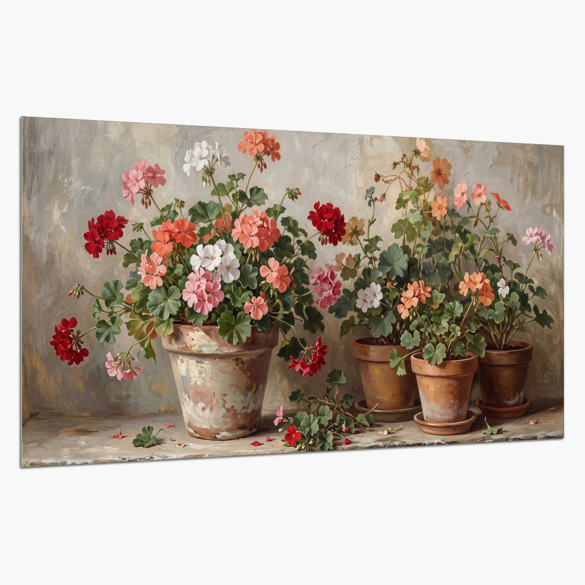Colorful flowers arranged in rustic pots on a warm neutral background single poster print on a white background