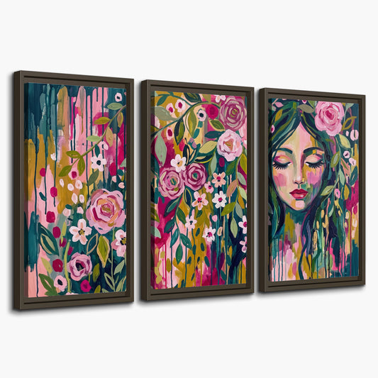 A woman's portrait surrounded by vivid flowers and expressive colorful marks 3 piece framed canvas wall art on a white background