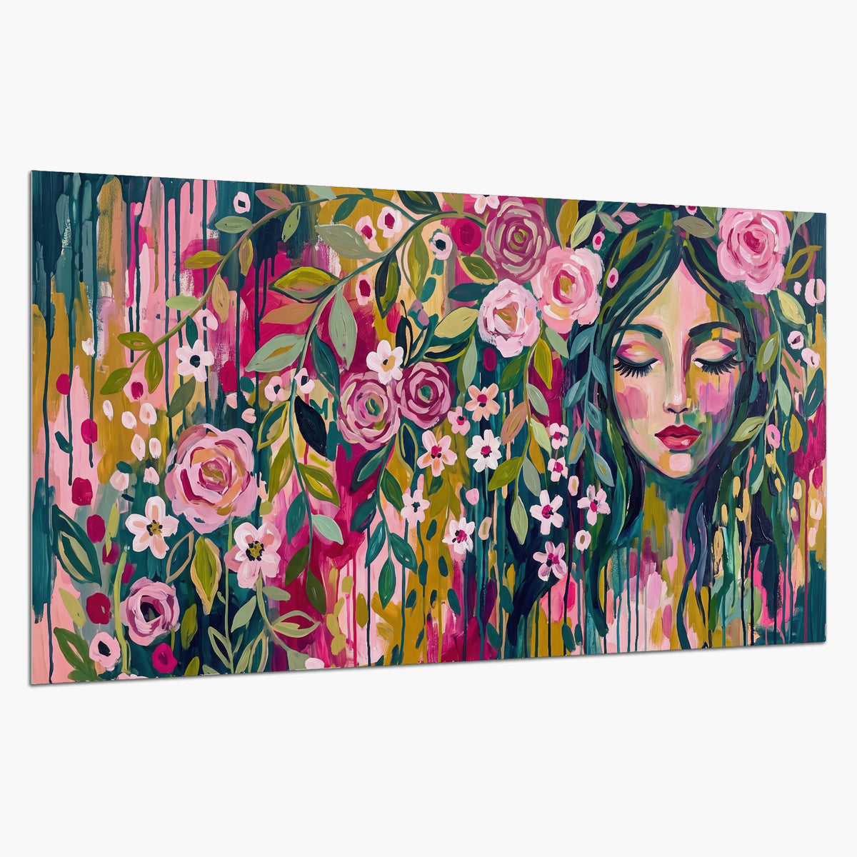 A woman's portrait surrounded by vivid flowers and expressive colorful marks single poster print on a white background
