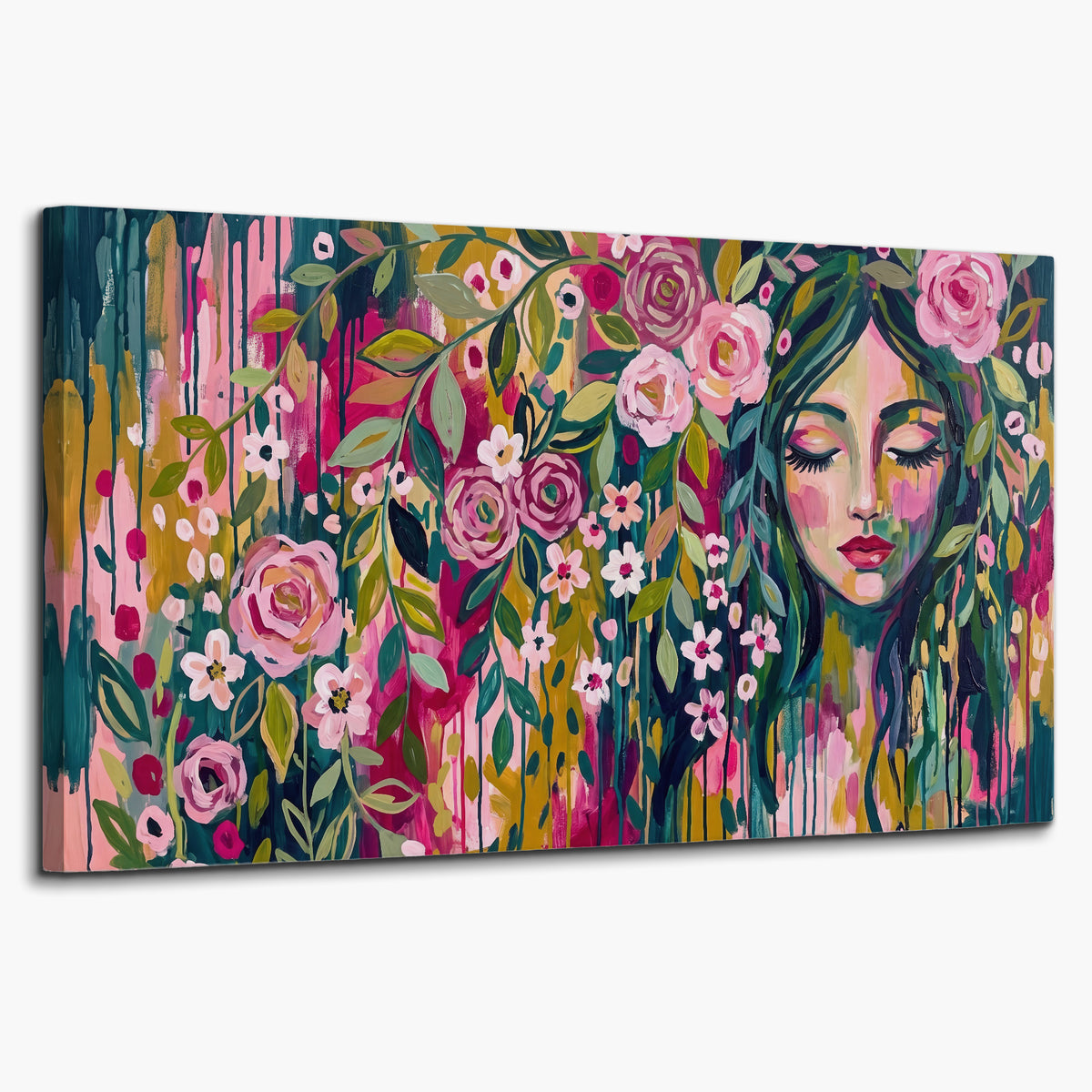 A woman's portrait surrounded by vivid flowers and expressive colorful marks single canvas wall art on a white background
